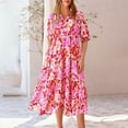 thumbnail image 5 of Busydd Womens Summer Dresses Fashion Bohemian Floral Print Maxi Dress Casual Flowy Elastic Waist Sundress Short Sleeve V Neck Button Sun Dress Tiered Swing Beach Long Dress with Pockets, 5 of 8