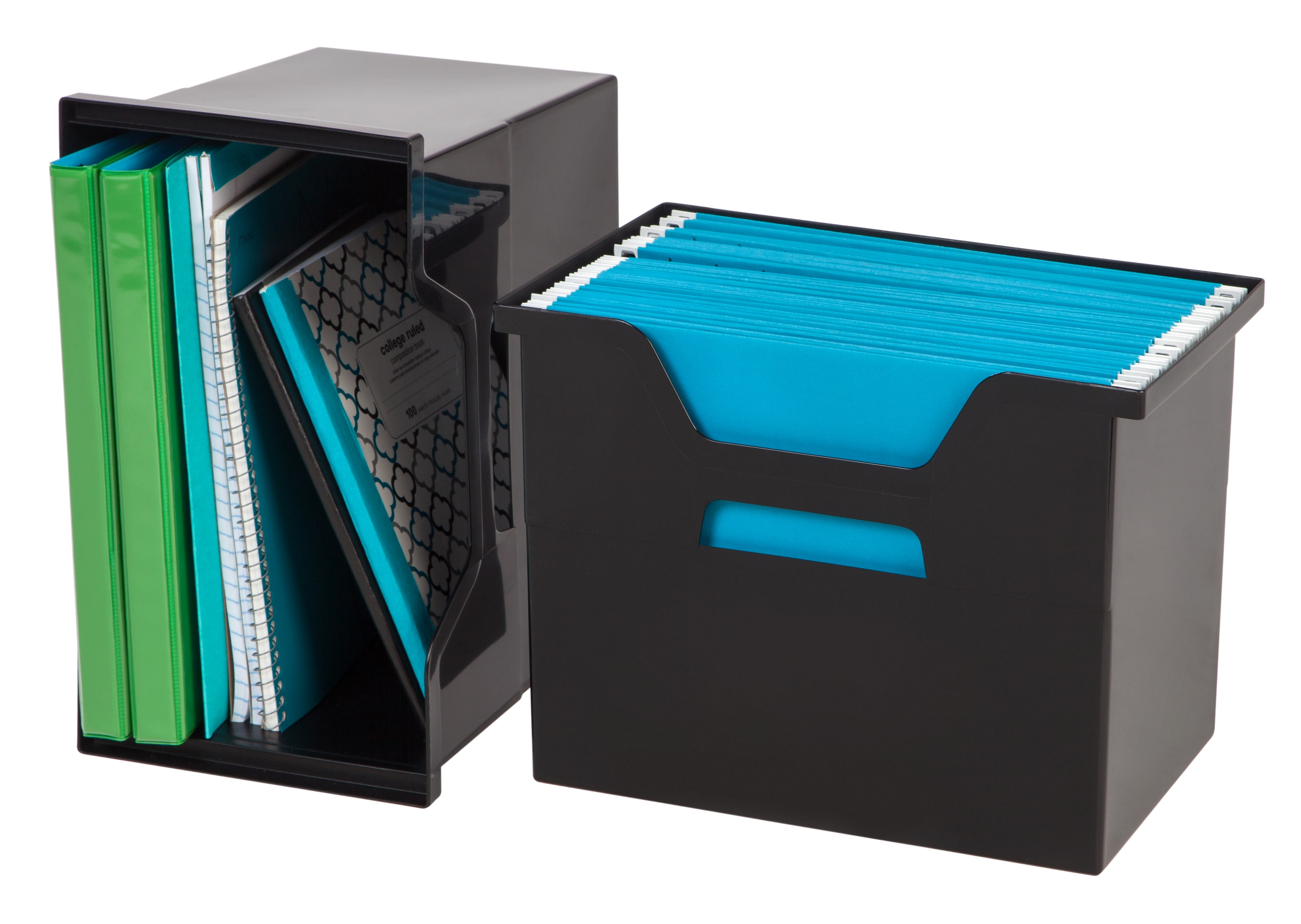 IRIS Large Portable Desktop File Box with Open Lid, Side Handles, Hanging File Folders, Tabs & Inserts, 4Pk