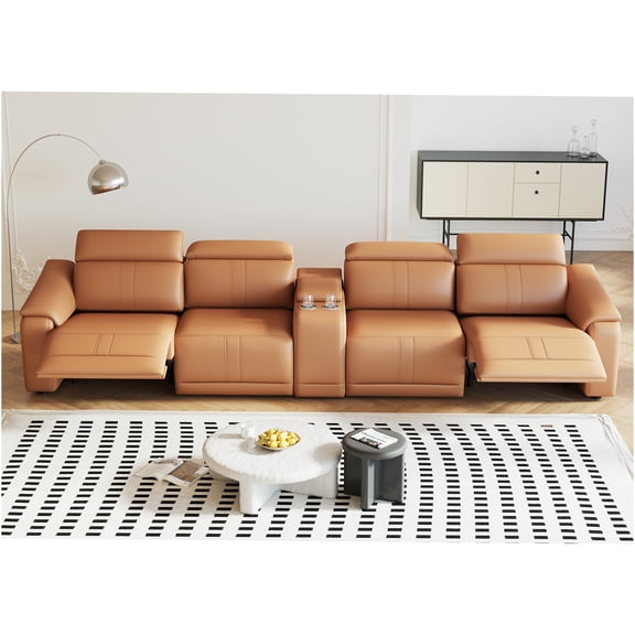 JERFIT 4-Seater Power Reclining Sectional Sofa with USB Charging, Storage Console & Cup Holders, Adjustable Headrests, Breathable Polyester Fabric, Brown