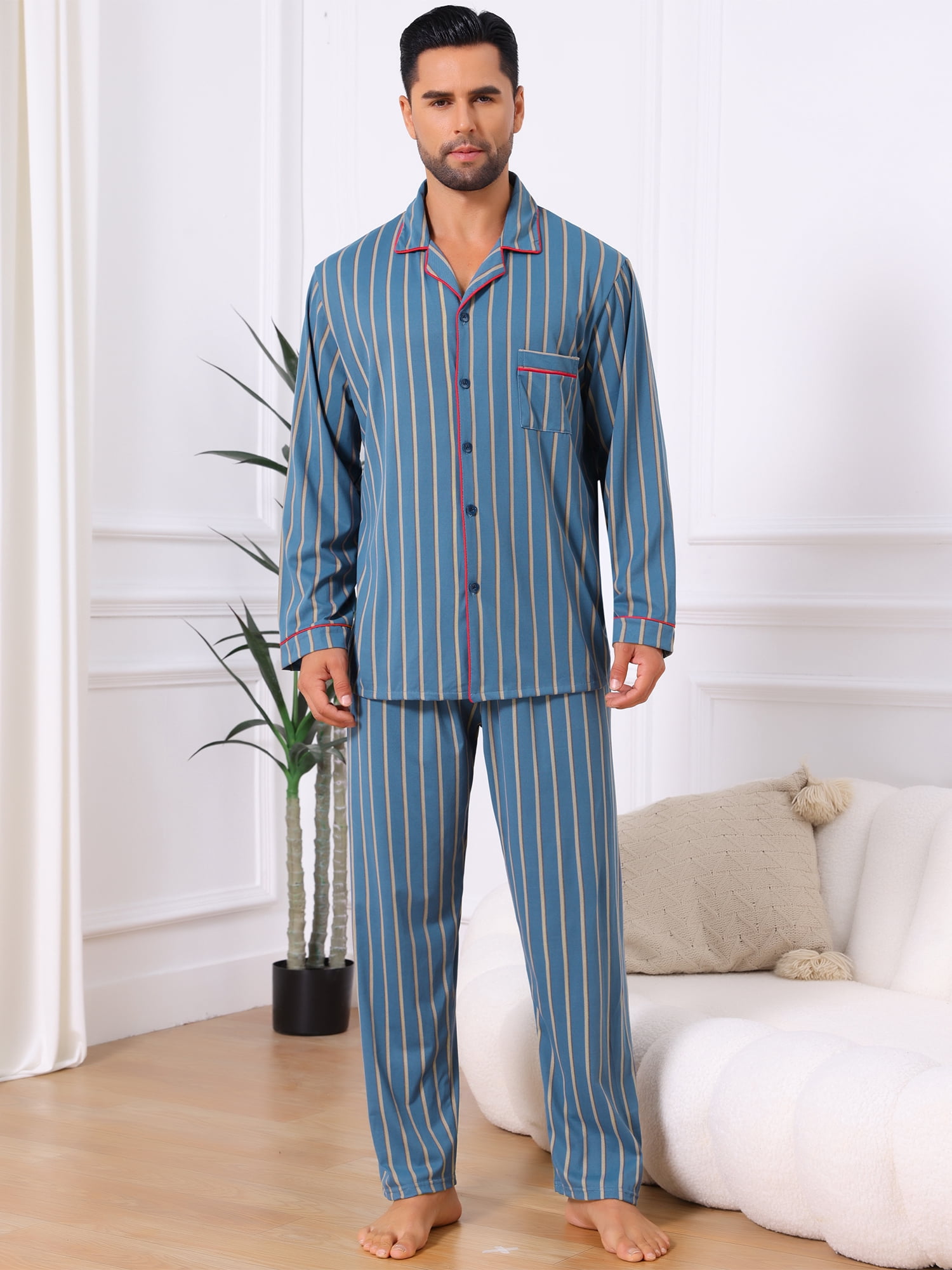 DARING DIVA Men's 2-Piece Long Sleeve Button Down Pocket Pajamas Set M Blue Khaki