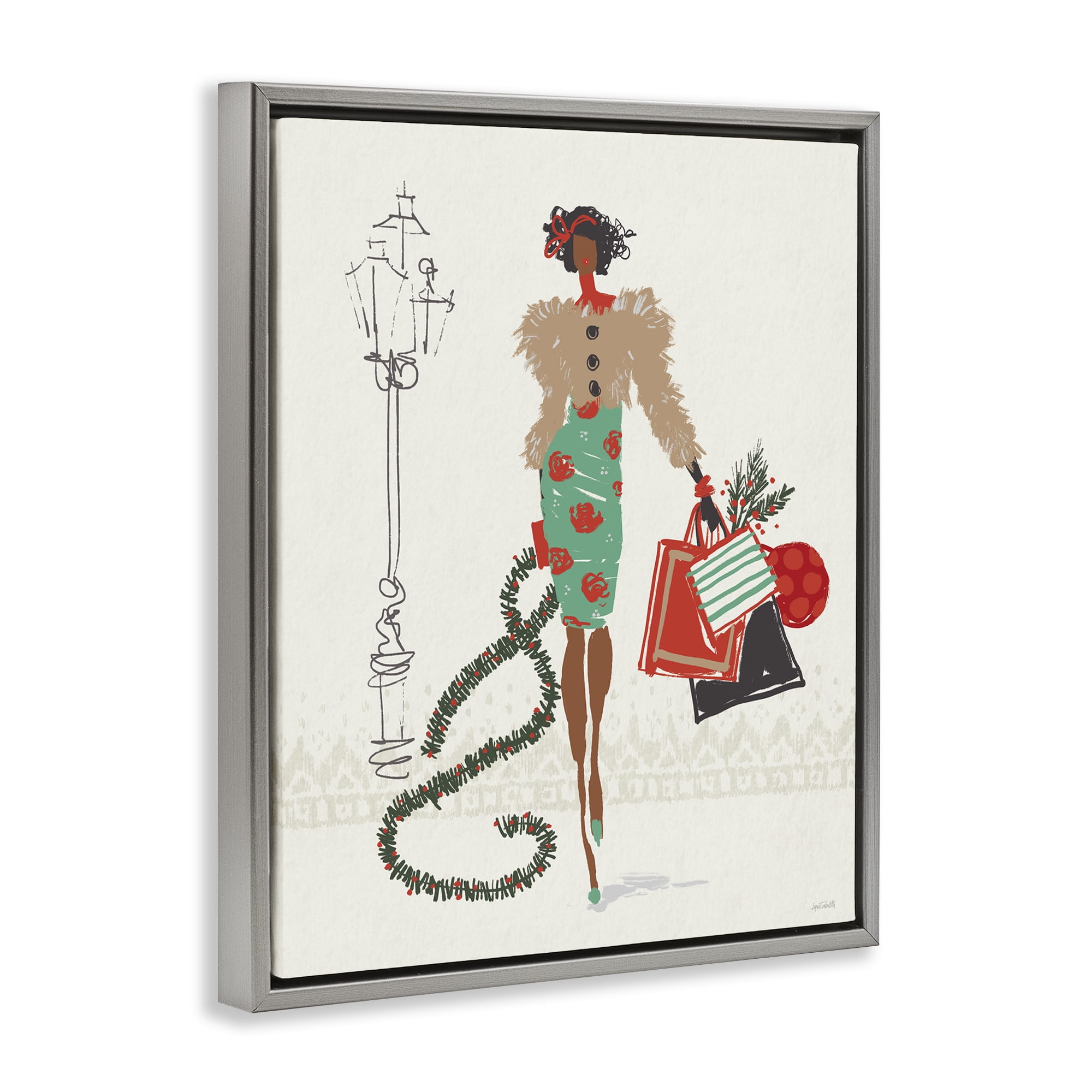 Stupell Industries Festive Shopping Girl Holiday Painting Gray Floater Framed Canvas Art Prints Wall Art, 25 x 31