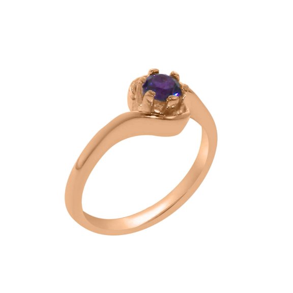 LBG British Made Real 10k Rose Gold Natural Amethyst Womens Promise Ring - 33 size options - Size 6.25