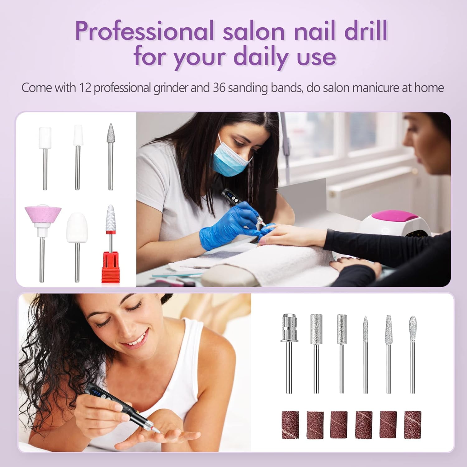 Aorsher Cordless Electric Nail Drill Professional E-File Nail Drill Kit for Acrylic, Gel Nails, Manicure Pedicure Polishing Shape Tools Design for Home Salon Use Gray
