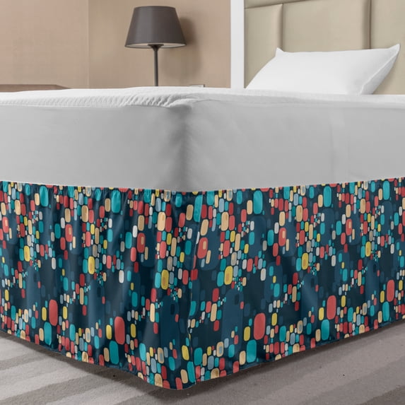 Vintage Bed Skirt, Abstract Retro Geometric Composition with Oval Cornered Squares and Rectangles, Elastic Bedskirt Dust Ruffle Wrap Around for Bedding Decor, 4 Sizes, Multicolor, by Ambesonne
