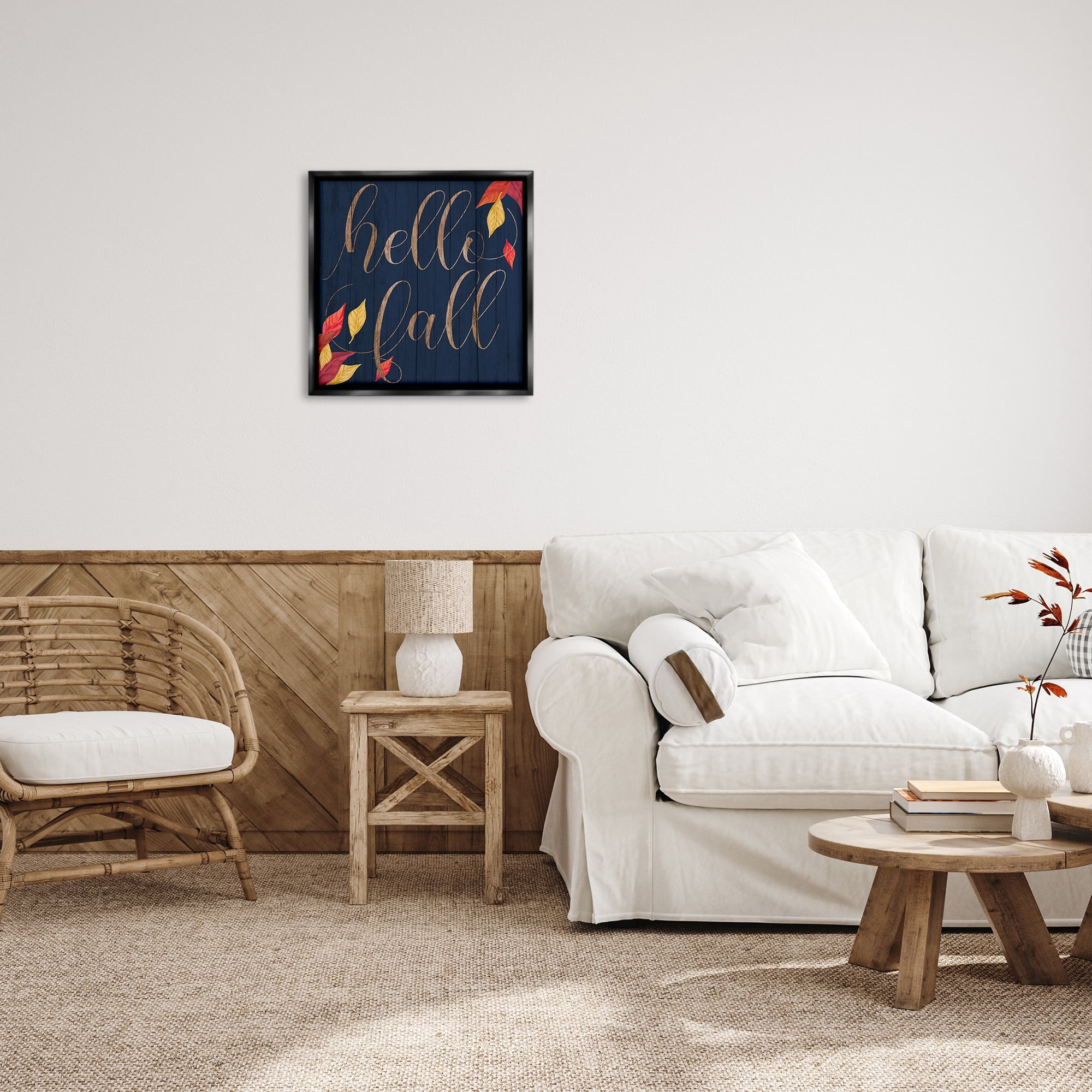 Stupell Industries Hello Fall with Autumn Foliage Inspirational Painting Black Floater Framed Canvas Art Print Wall Art, 25 x 25