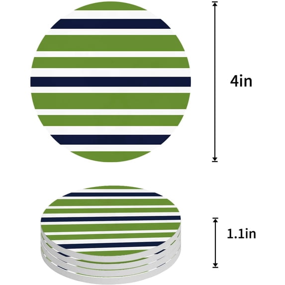 FMSHPON Green Blue and White Stripes Set of 6 Round Coaster for Drinks, Absorbent Ceramic Stone Coasters Cup Mat with Cork Base for Home Kitchen Room Coffee Table Bar Decor