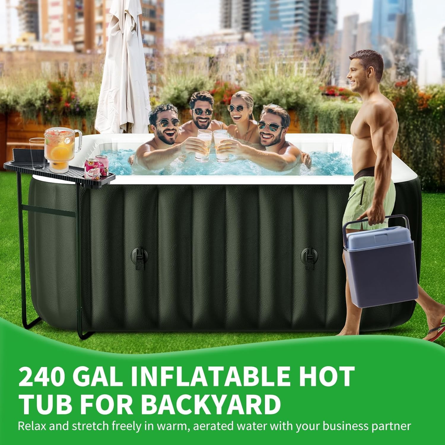 Sunyrisy 4-6 Person Inflatable Hot Tub, Square Blow Up Portable Hot Tub, Leak-Proof PVC Outdoor Spa with 130 Strong Air Jets, Heater Pump and Insulated Cover, 73” X 73”X 25”