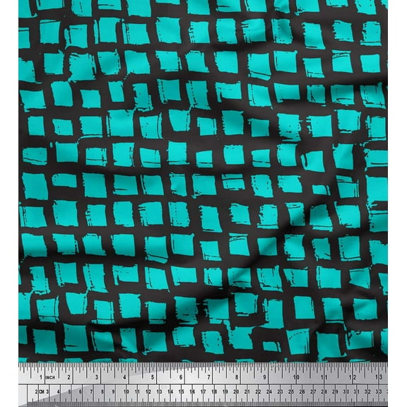 Soimoi Green Cotton Duck Fabric Stripe & Square Geometric Print Fabric by the Yard 42 Inch Wide