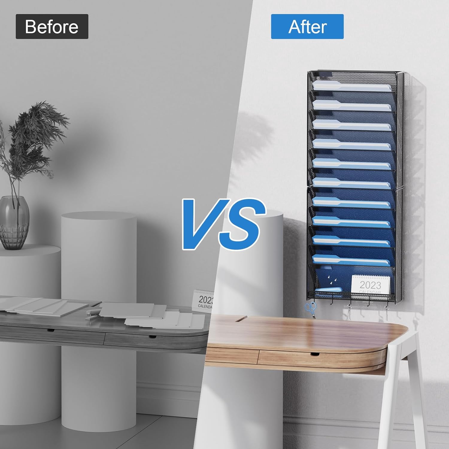 2Pack 12 Tier Hanging Wall File Organizer with Hooks, Vertical Wall Mount File Folder Holder, Paper Document Mail Organizer for Office