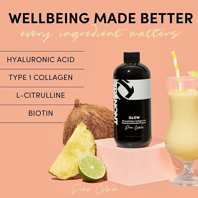 Tranont Glow Advanced Type 1 Collagen with Superfood Antioxidant Support | Healthier Hair, Skin, Nails & Joints | 15oz. Piña Colada