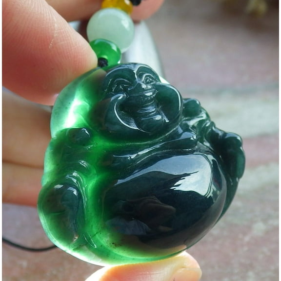 Certified Green Burma 100% Natural A Jade jadeite pendant Happy Buddha God Necklace 660610 TN