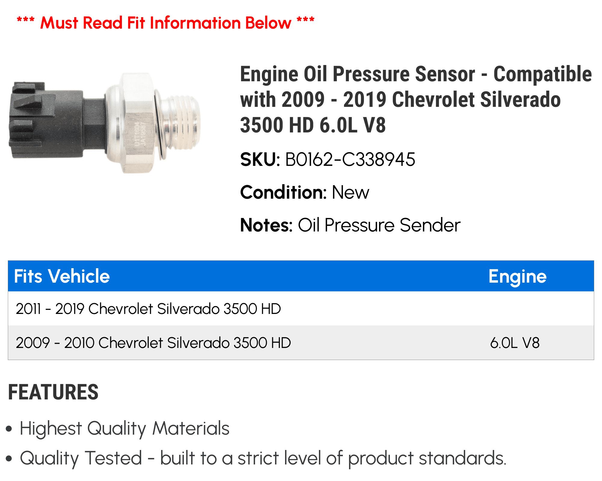 Engine Oil Pressure Sensor - Compatible with 2009 - 2019 Chevy Silverado 3500 HD 6.0L V8 2010 2011 2012 2013 2014 2015 2016 2017 2018