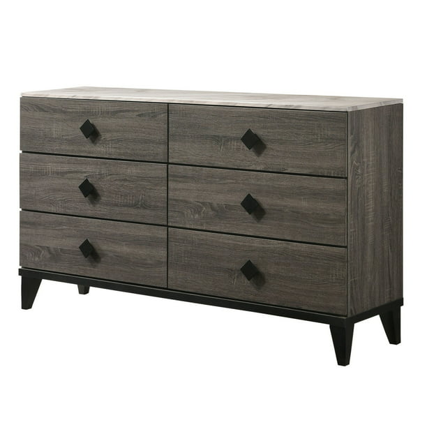 6 Drawer Wooden Dresser With Diamond, Black Dresser With White Marble Top
