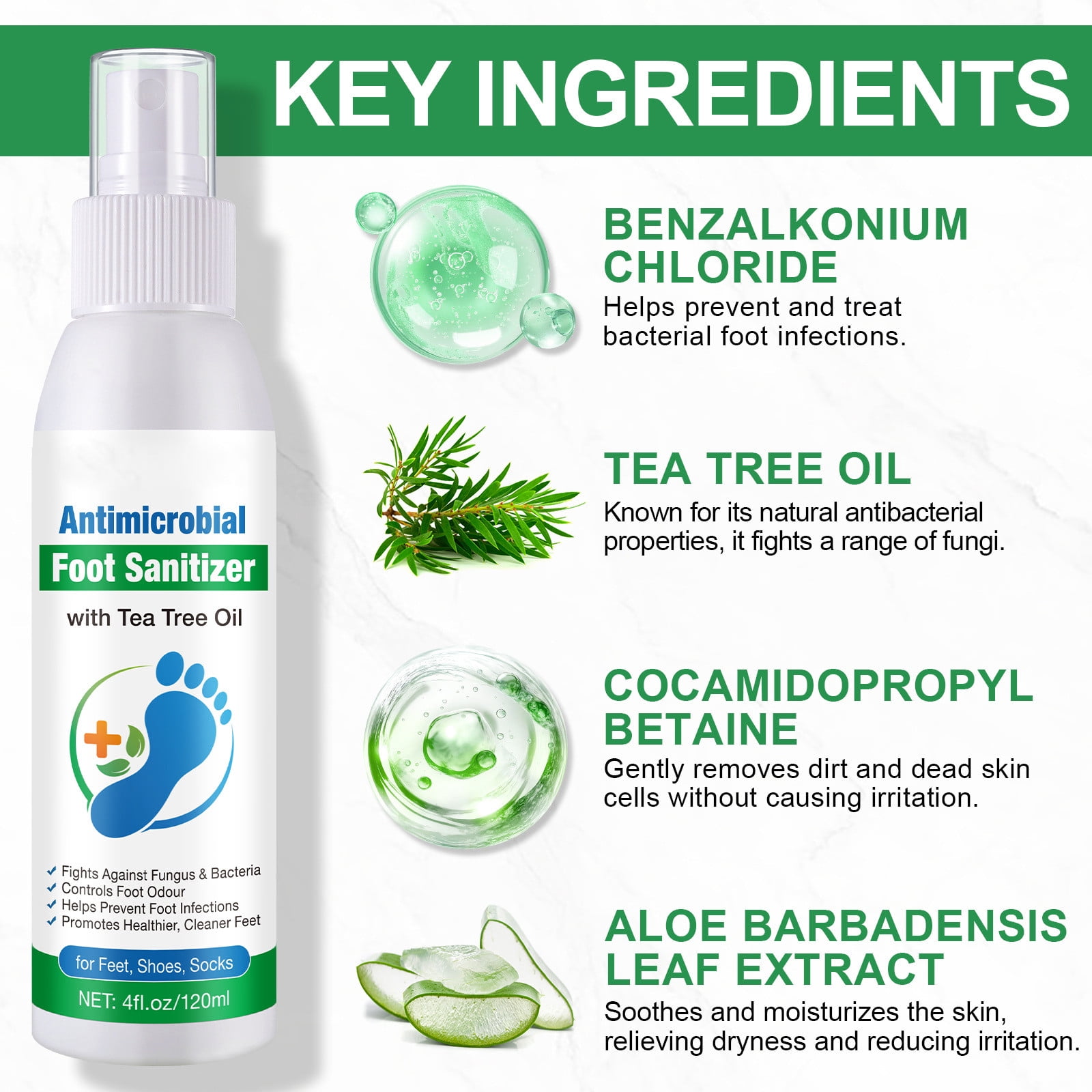 Antimicrobial Foot Sanitizer with Tea Tree Oil Effective Against Fungus & Bacteria Controls Odor 4 fl oz