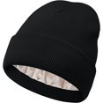 thumbnail image 1 of Gorro de punto con forro de satén para mujer, gorro de invierno para hombre, forro de seda, suave, holgado, cálido y con puños (negro), 1 of 7