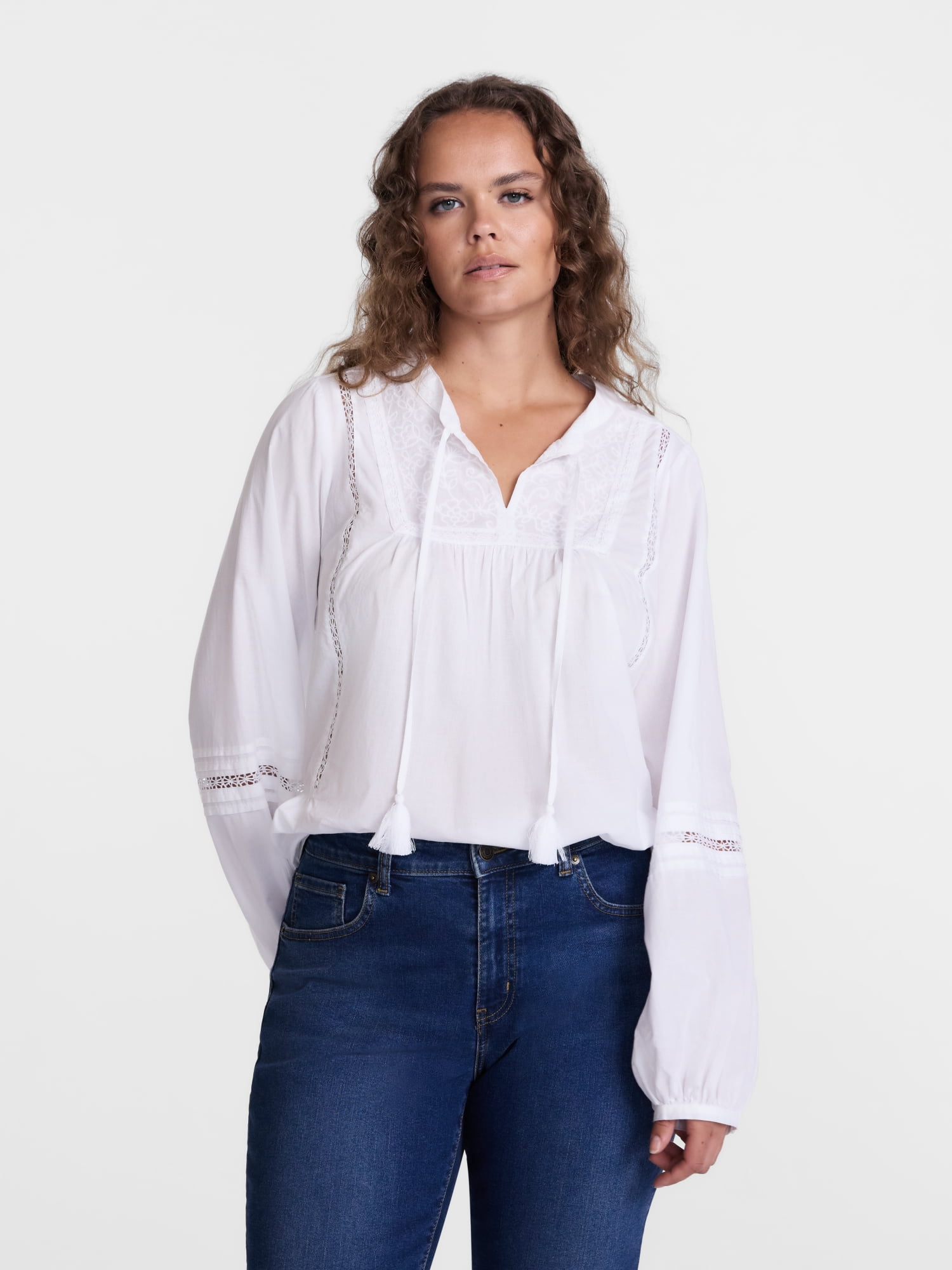 Scenario Women's and Women's Plus Embroidery Top with Lace Inserts, Sizes XS-4X