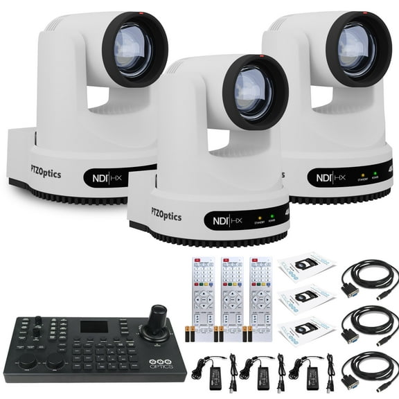 3 x PTZOptics Move 4K SDI/HDMI/USB/IP PTZ Camera with 12x Optical Zoom (White) (PT12X-4K-WH-G3)   PTZOptics SuperJoy PTZ Camera Joystick Controller