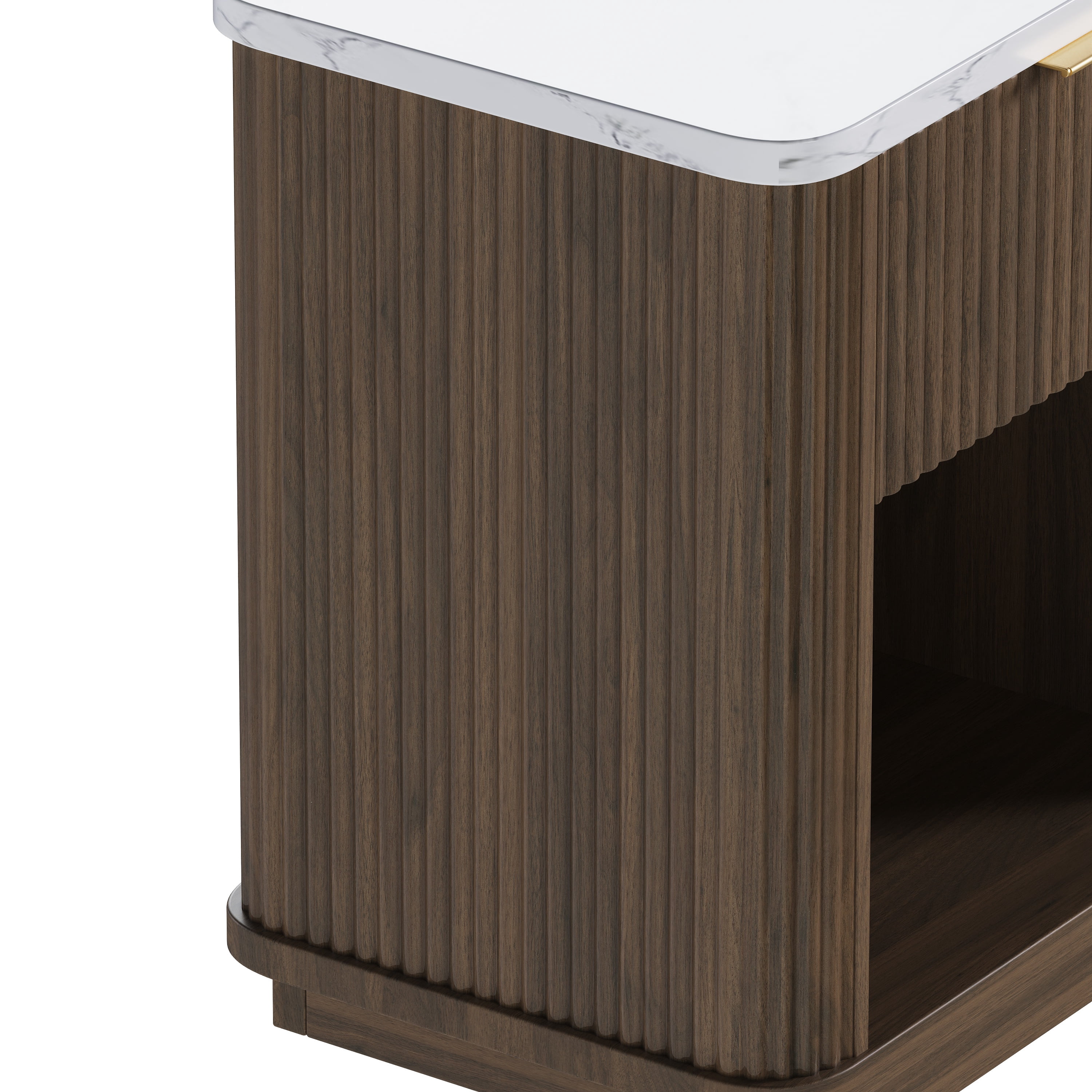 PORKISS Fluted Nightstand with Drawer, Wood Beside Table with Storage Open Shelf and Metal Handle, Transitional Side Table with Faux Marble-Look Top for Bedroom, Guest Room, Living Room, Walnut