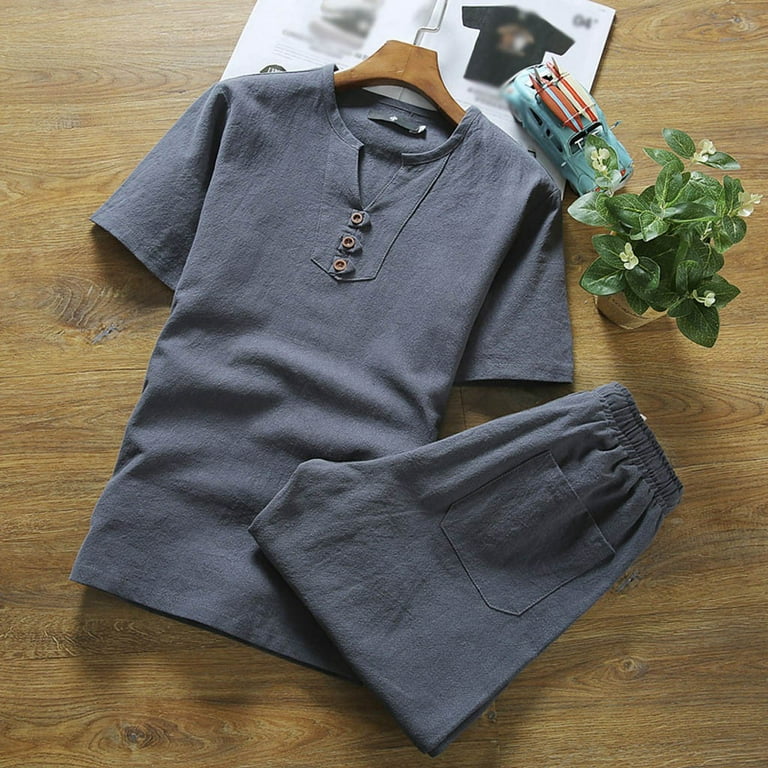COSFO Linen Habit Shirts For Men Crew Neck Short Sleeve Peplum Solid Gray  Large