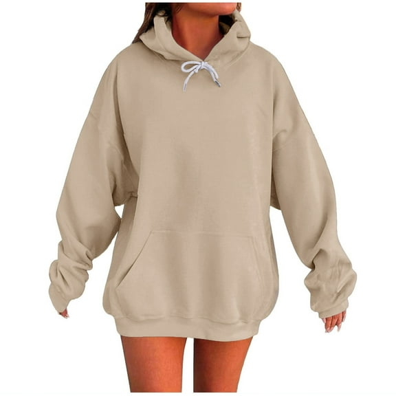 Women's Oversized Fleece Hoodie Soft Lined Crewneck Pullover with Pocket for Winter Khaki XL