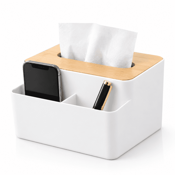 Tissue Box Cover with Storage Compartment, Rectangle Tissue Box Holder, Bathroom Tissue Box Cover, Box Tissue Pen Remote Organizer for Home/Office