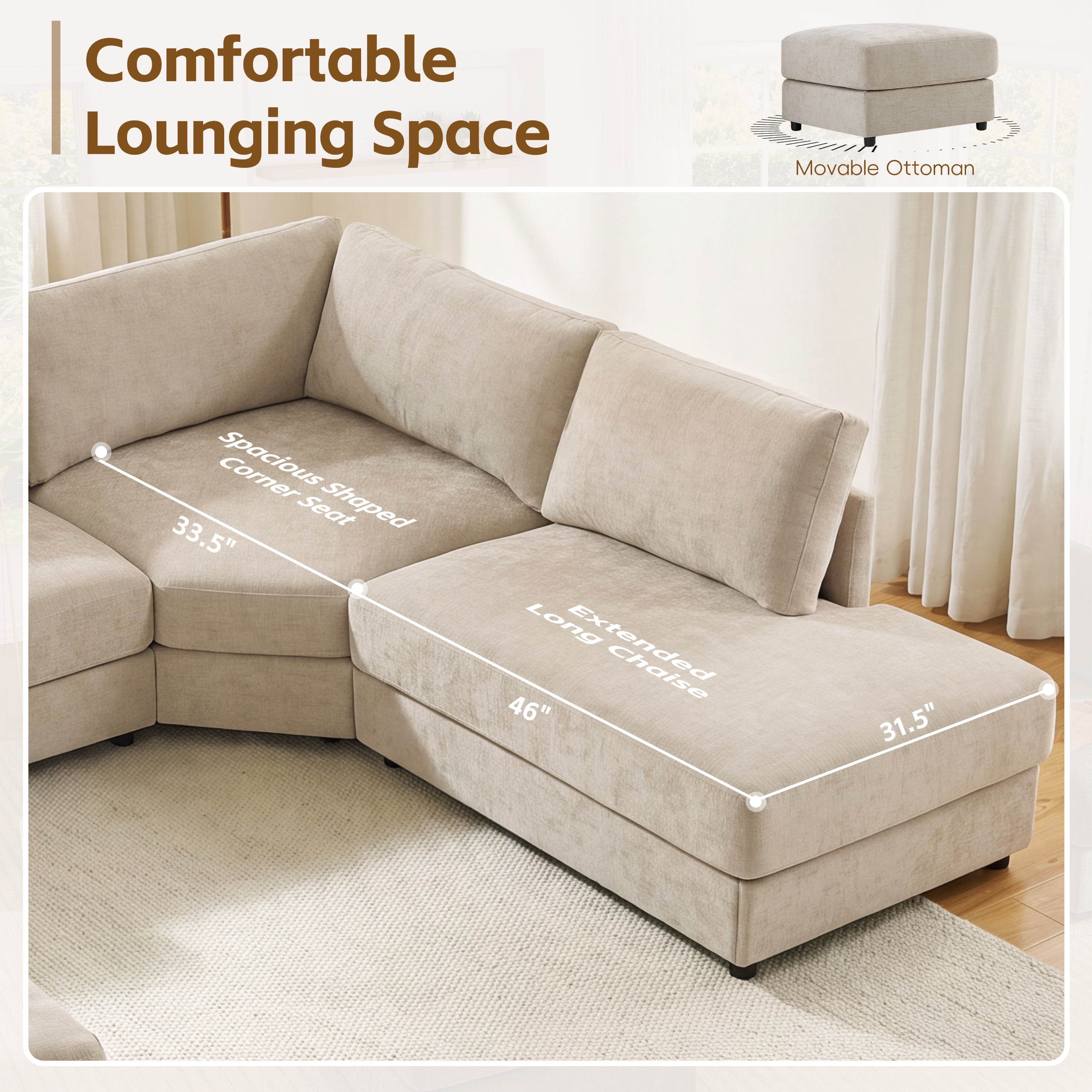 GARITIN 6 Seat U Shaped Modular Sectional Sofa 118 Inch, Oversized Chenille Couch with Ottoman and Storage Console with USB Charging, Beige