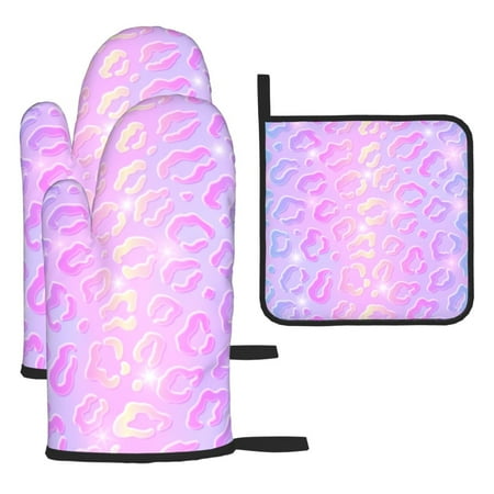 

Kitchen Baking 3 Piece Set Microwave Heat Proof Hand Set Oven Mitts For Kitchen Open Lid Microwave Oven Dishes Outdoor Barbecue Shiny Rainbow Leopard