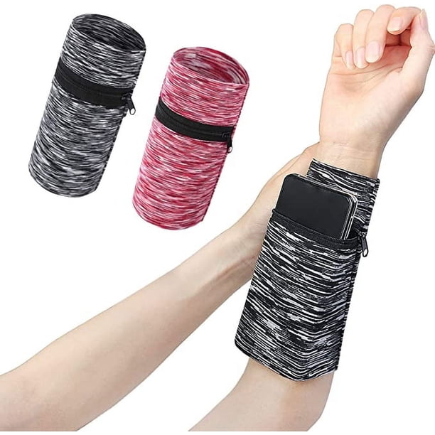 Correa de muñeca deportiva de 2 piezas (rayas negras y rojas) 10 * 15 cm, correa de muñeca, billetera de muñeca, correa de muñeca con cremallera, correa de muñeca para correr y bicicleta al aire libre