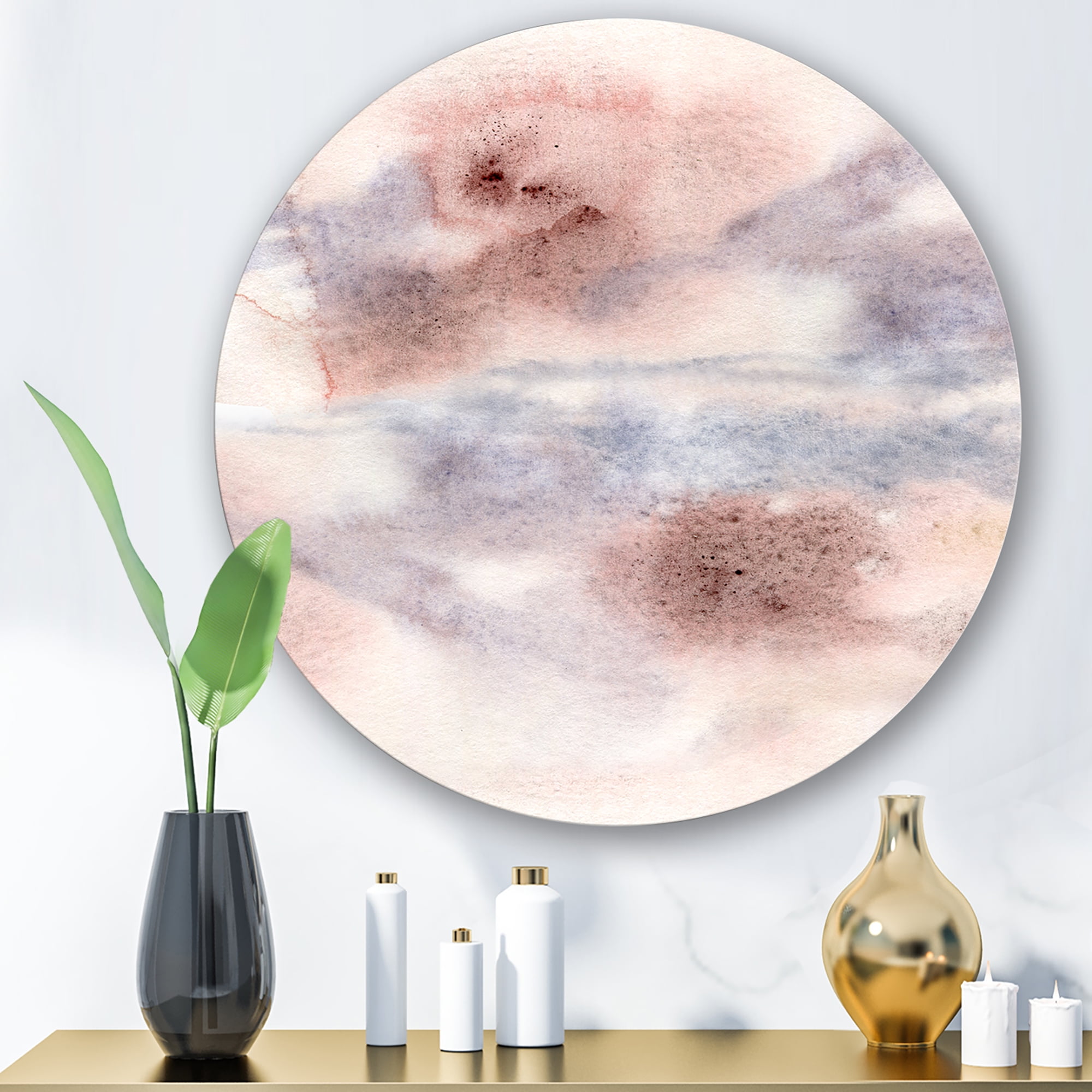 Designart 'Pastel Abstract With Gray Blue Pink and Red Spots' Modern Circle Metal Wall Art 11x11 - Disc of 11