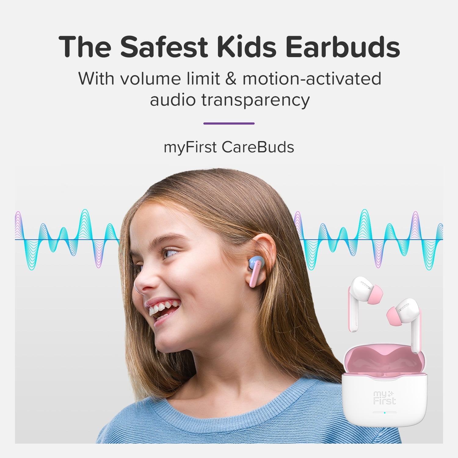 myFirst CareBuds (Bleu Espace) : Écouteurs sans fil pour enfants avec limite de volume de 85 dB, micro intégré, 6 embouts d'oreille, sangle anti-perte et appairage facile, idéal en cadeau pour les