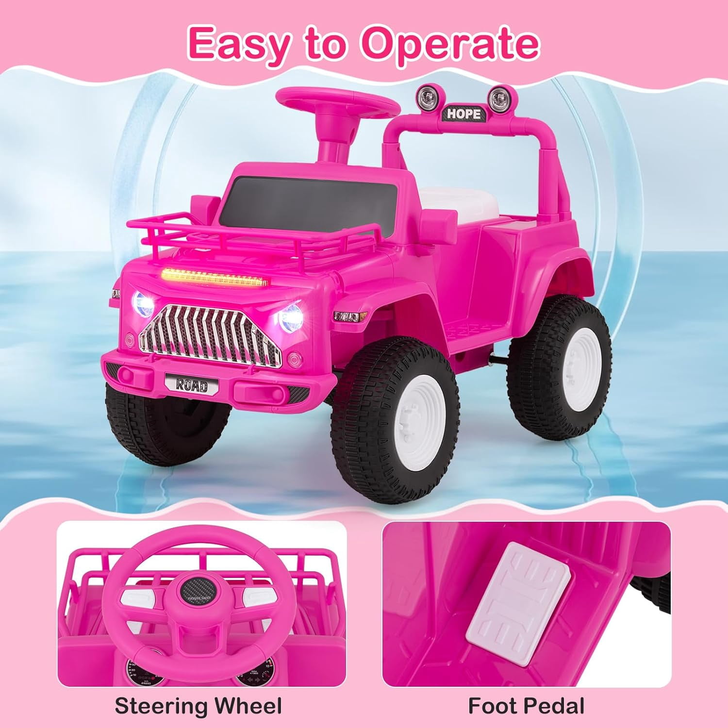OLAKIDS Kids Ride on Car, 6V Battery Powered Electric Vehicle ATV for Toddlers with Foot Pedal, Music, Horn, Radio, Rear Storage, LED Lights, USB, 4 Wheels Toys for Boys Girls Aged 3-8 Years