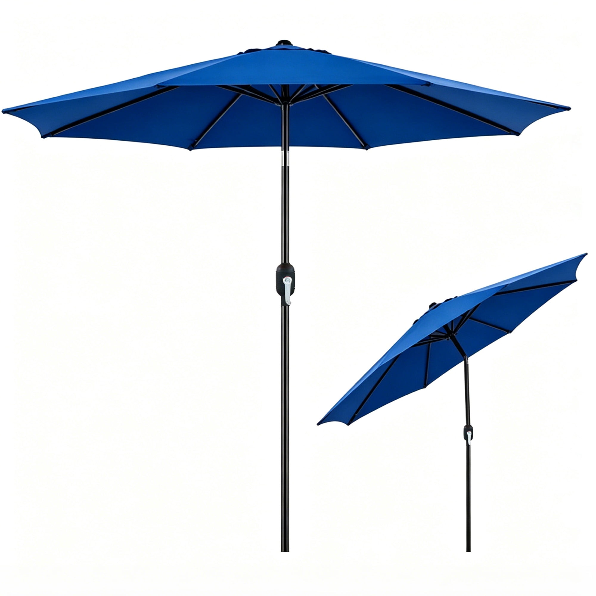 Kool 9 ft Outdoor Patio Market Umbrella with Push Button Tilt and Crank Handle, 8 Steel Ribs, Blue