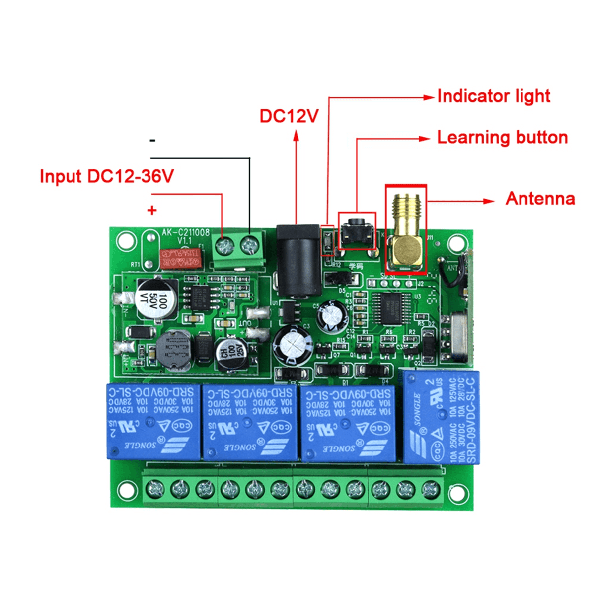 DC12V 24V 36V 4CH Wireless Remote Control LED Light Switch Relay Output Radio Waterproof Transmitter 433MHz Receiver