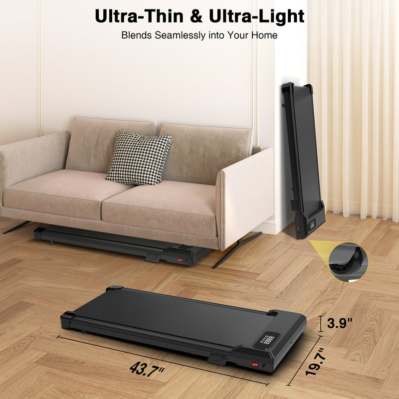 Redliro Walking Pad Treadmill with Incline, Portable Under Desk Treadmill for Home Office, Compact Walking Pad with Smart LED Display, Black