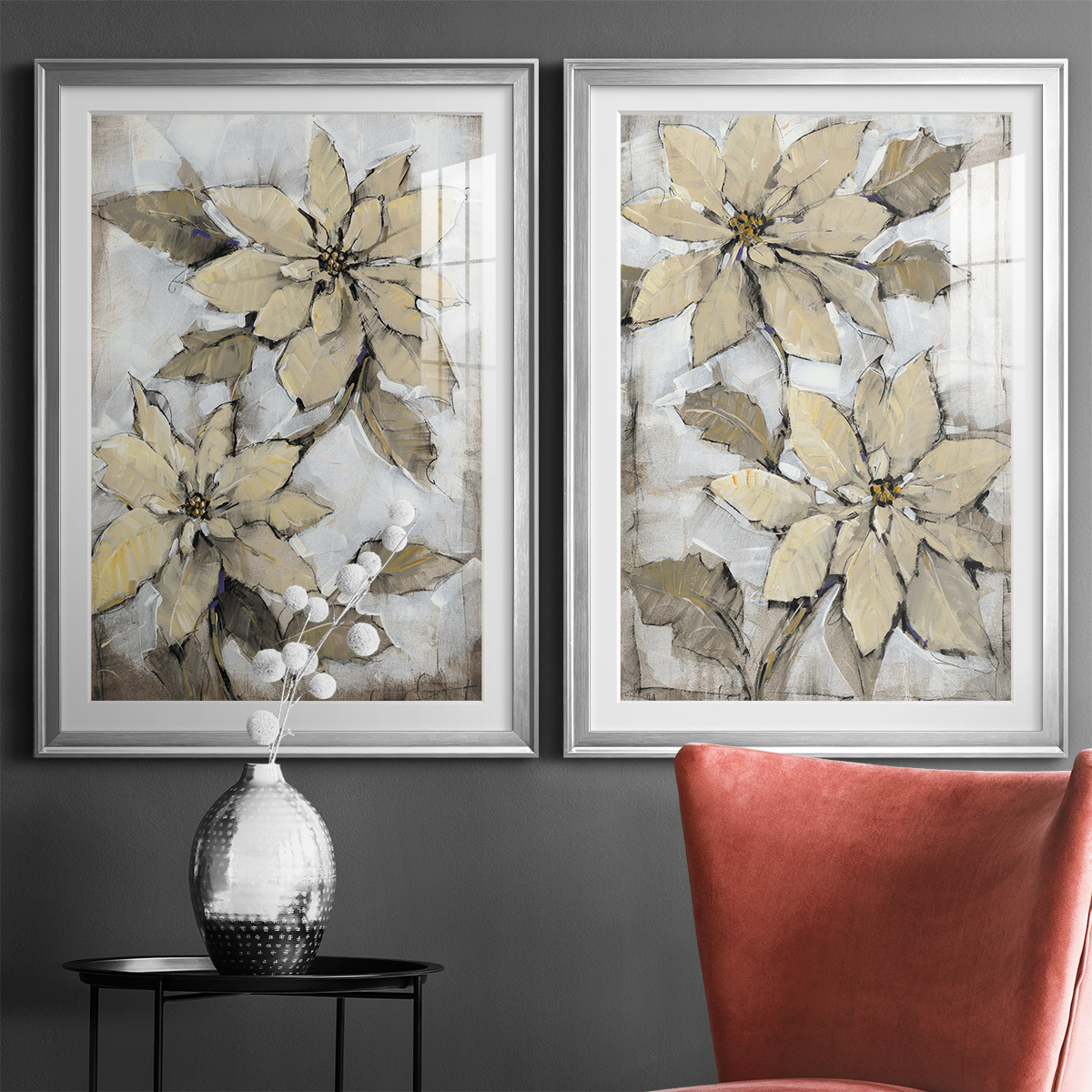 Wexford Home Poinsettia Study I Premium Framed Print, 18.5" x 24.5" - Ready to Hang, Silver (Set of 2)