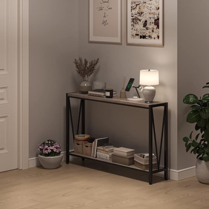 Sofa Table with Storage, 2-Tier Narrow Console Table with Shelves, Industrial Entryway Table for Living Room/Hallway/Foyer, Metal Frame V-Design Accent Furniture