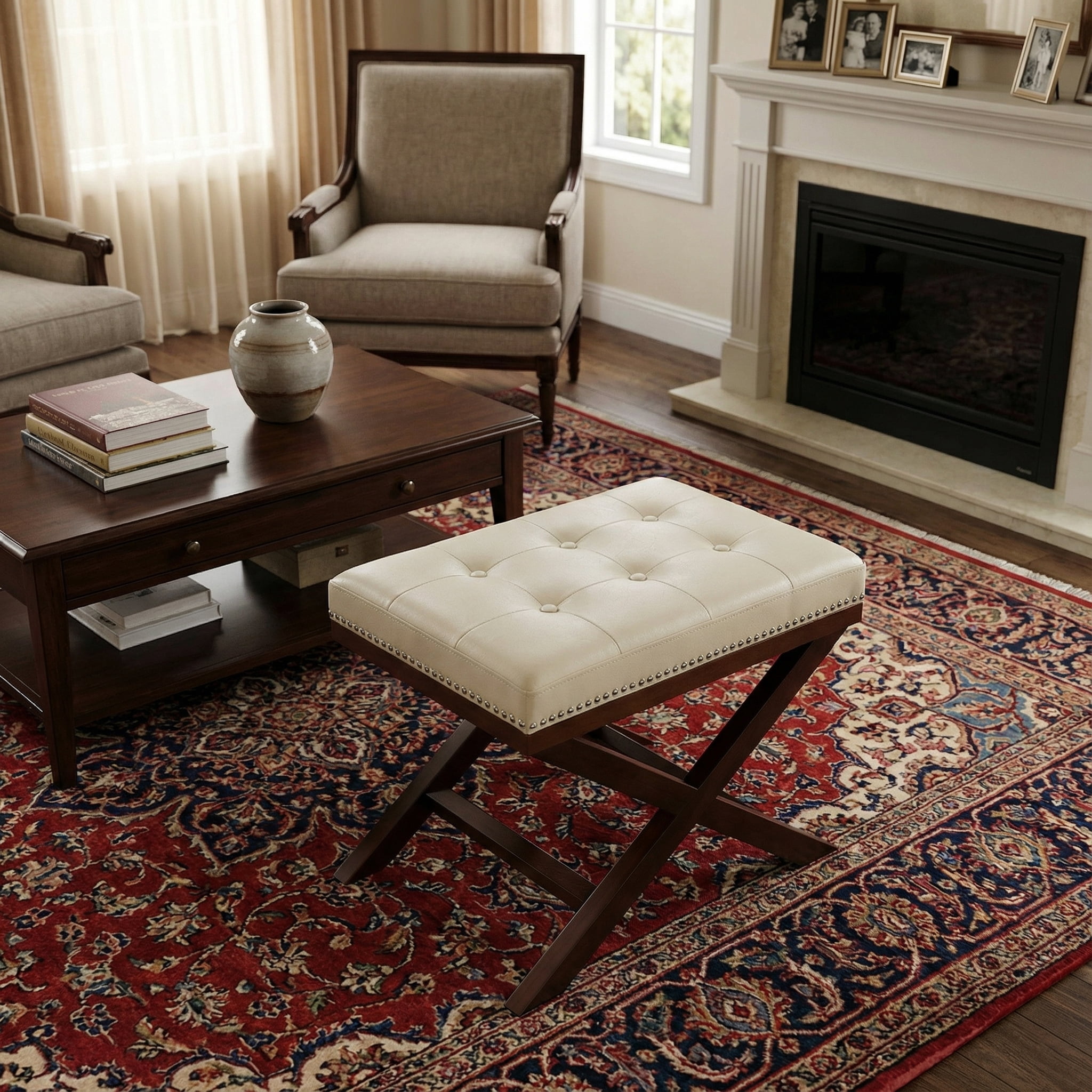 Cortesi Home Kayla Traditional X Bench Ottoman in Vinyl with Nailhead Trim, Cream