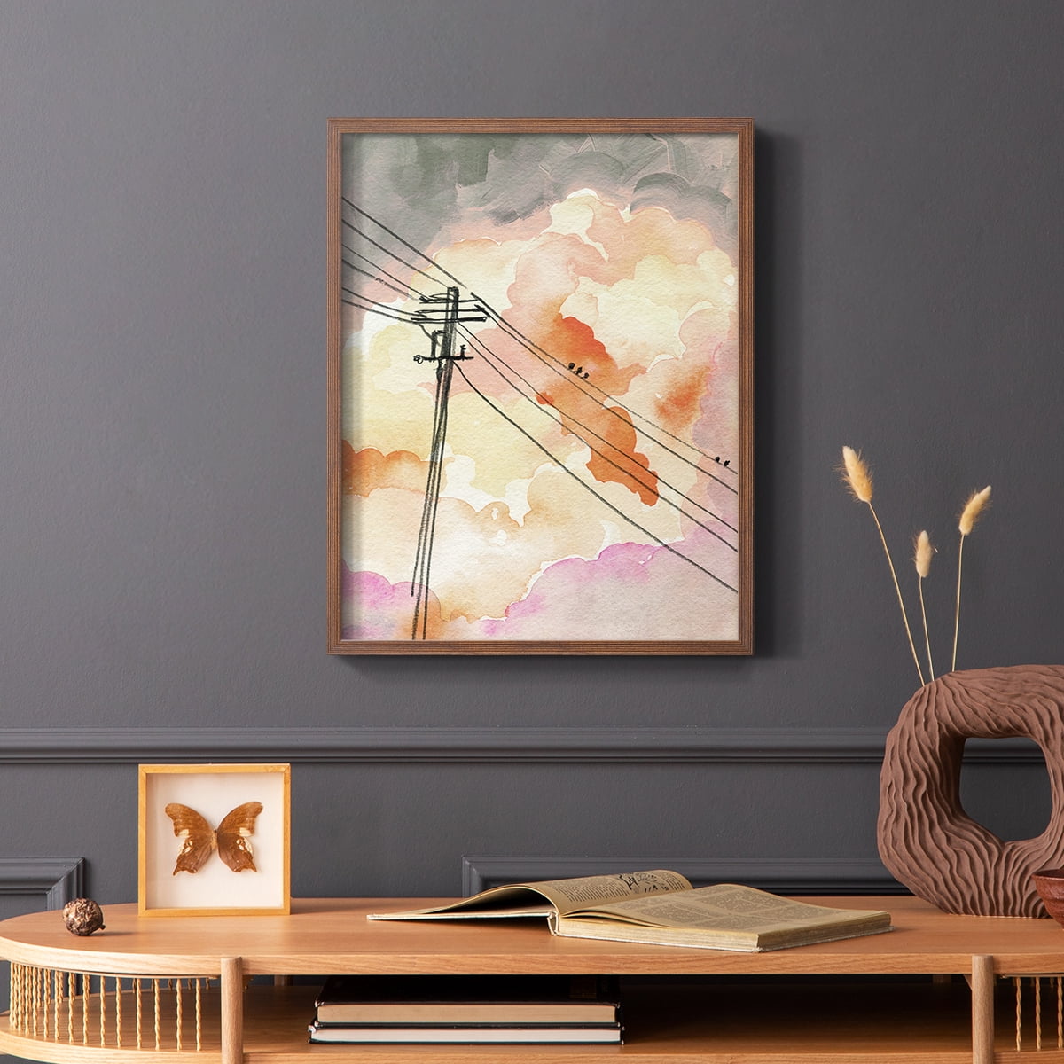 Cloudy Communication II Framed Print in Brown Solid Wood Framed Print No Nail Hanging
