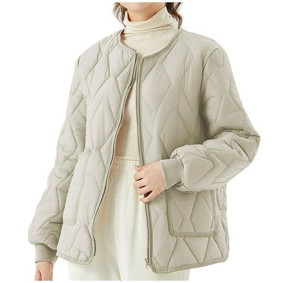 XPMWRP Women's Quilted Casual Zip Jacket Long Sleeve Solid Color Fashion Loose Coats Fall Winter Trendy Windproof Clothes with Pockets Beige XL