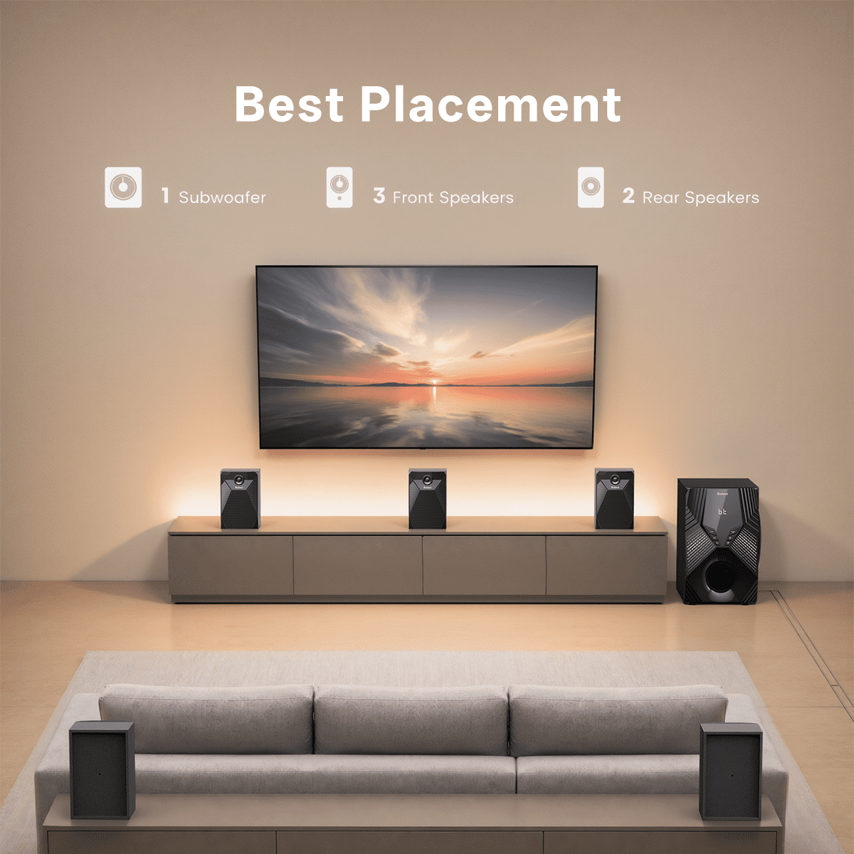 Bobtot 5.1/2.1 Channel Surround Sound Speaker System 1000W Bluetooth Home Theater with 8" Subwoofer, Bluetooth, USB, Includes Remote, LED Light Effects - Perfect for TV Movies, Karaoke