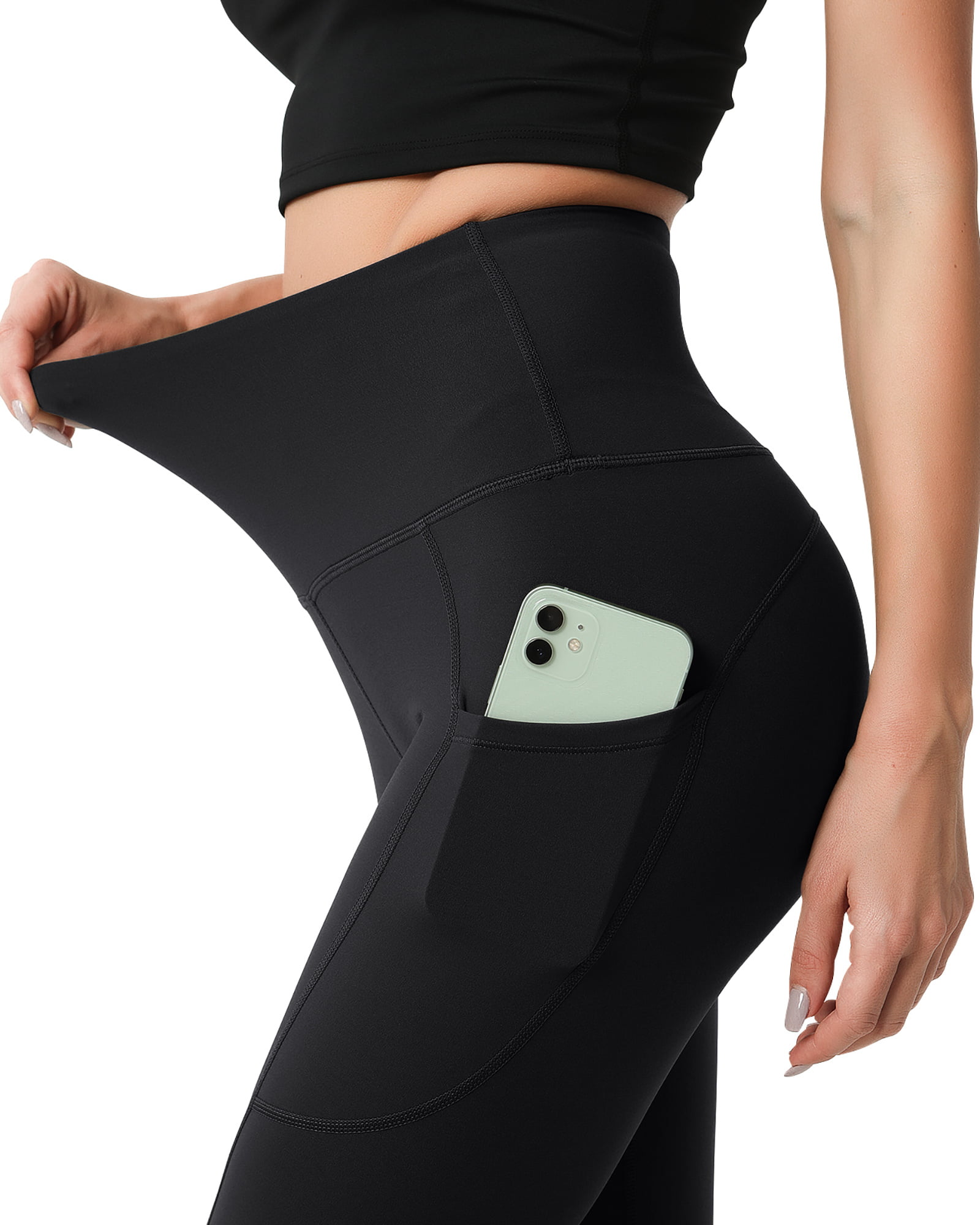 High Waist Solid Black Women Leggings Yoga Pants Tummy Control Pocket 28  AZAR