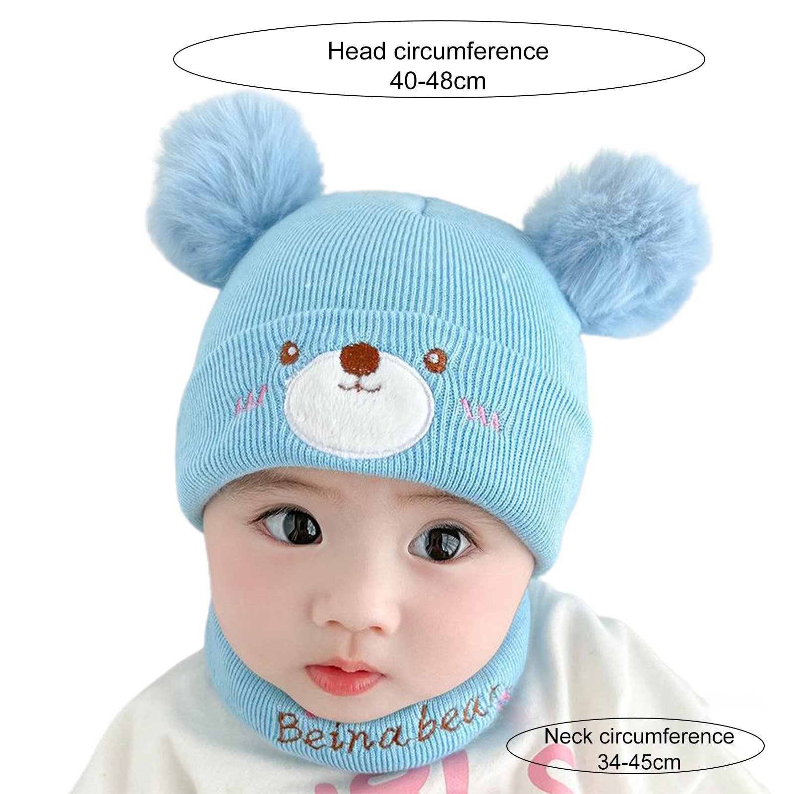 1set Kids' Solid Color Knit Beanie Scarf Bear Embroidery Winter