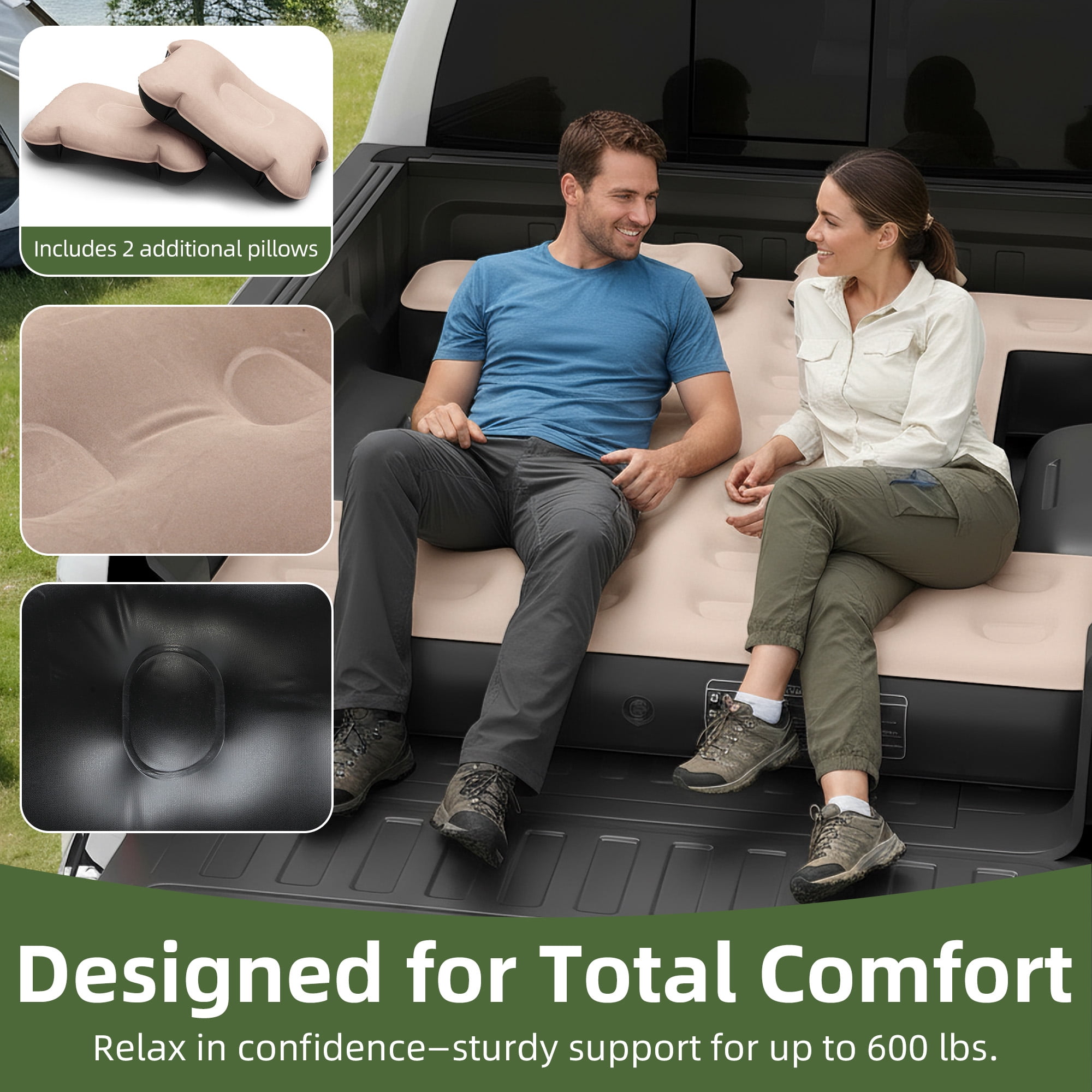 Uforic Inflatable Truck Air Mattress for 5.5–5.8ft Short Bed Pickups, Camping Car Bed with Pump, Pillows, Carry Bag & Patch Kit, Fits Full-Size Trucks, Brown