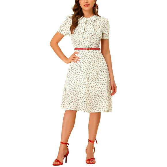 INSPIRE CHIC Women's Vintage Dress Floral Print Peter Pan Collar Knee Length Casual Dress L White