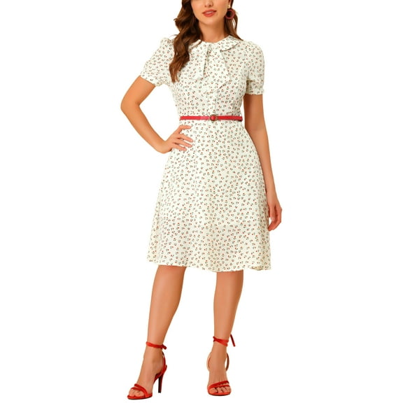 INSPIRE CHIC Women's Peter Pan Collar Tie Neck Short Sleeves A-Line Elegant Belted Vintage Floral Dress XS White