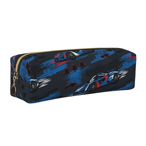 Balery Blue Sports Car Estuche de Lápices de Cuero Impreso, Estuche para Suministros de Arte, Estuche de Lápices con Cremallera, Estuche de Almacenamiento de Papelería