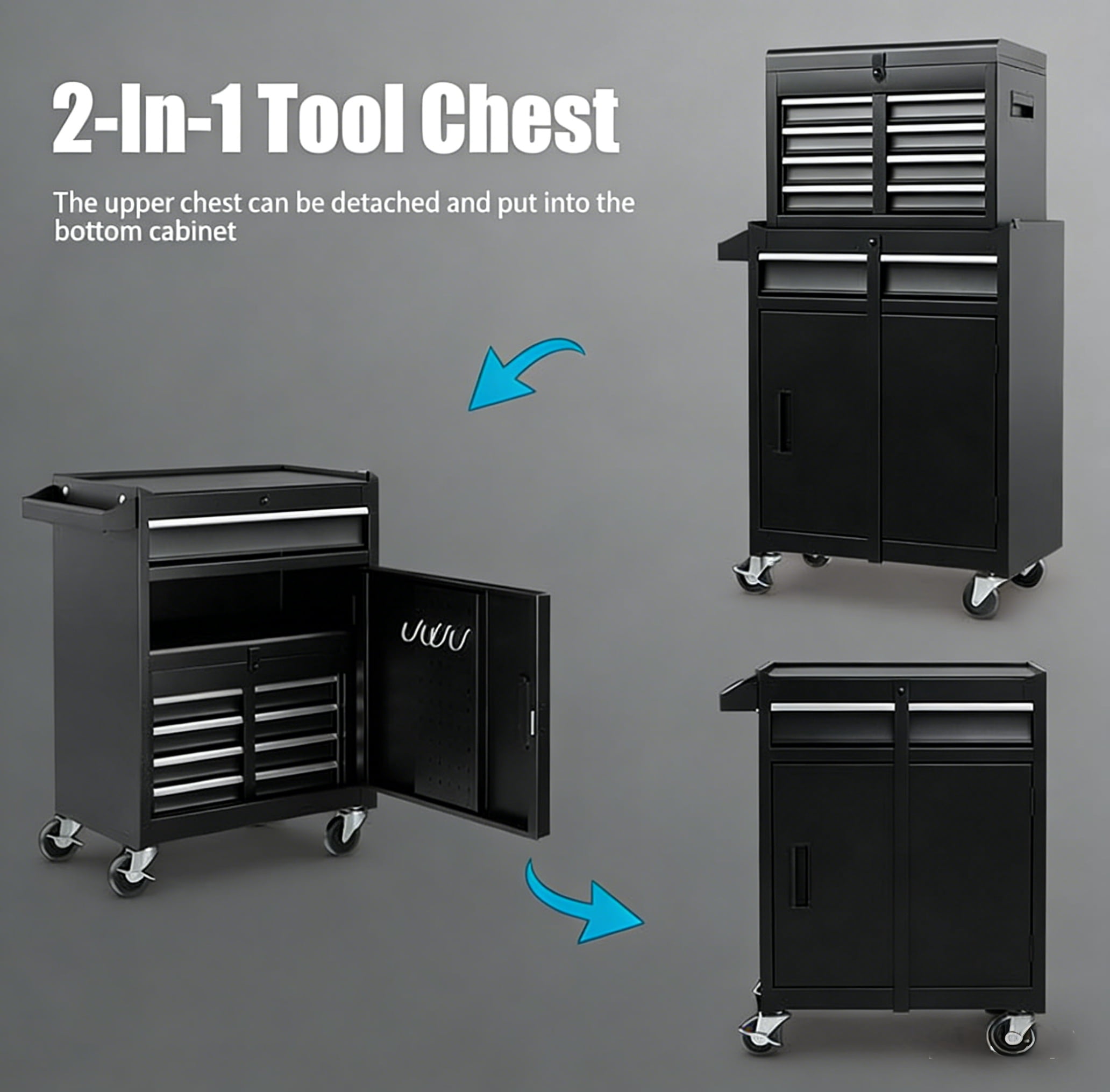 ARTMAN 5-Drawer Rolling Steel Tool Storage Chest,2-IN-1  Tool Cabinet with Lockable Wheels and Sliding Drawers for Garage Workshop Rapair Shop