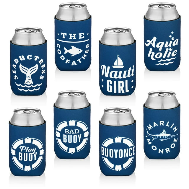 Laila & Lainey Paquete De 10 Fundas Para Enfriadores De Latas - Favores Para Fiestas En Barcos - Accesorios De Decoración Para Fiestas Náuticas - Divertido Enfriador De Cerveza Azul 44
