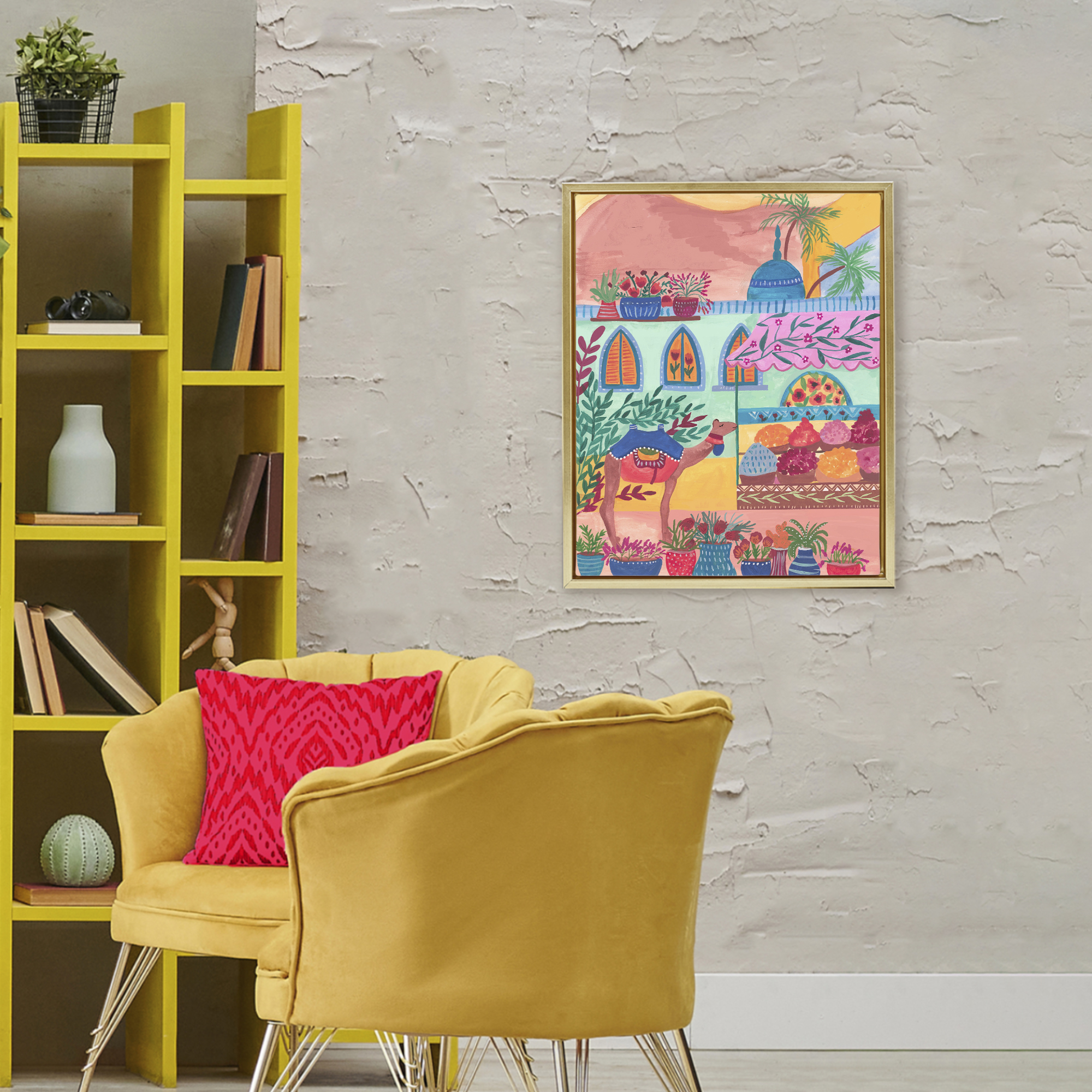 Exotic Egypt Camel Gold Framed Floater Canvas Wall Art, design by Nabeela Rumi