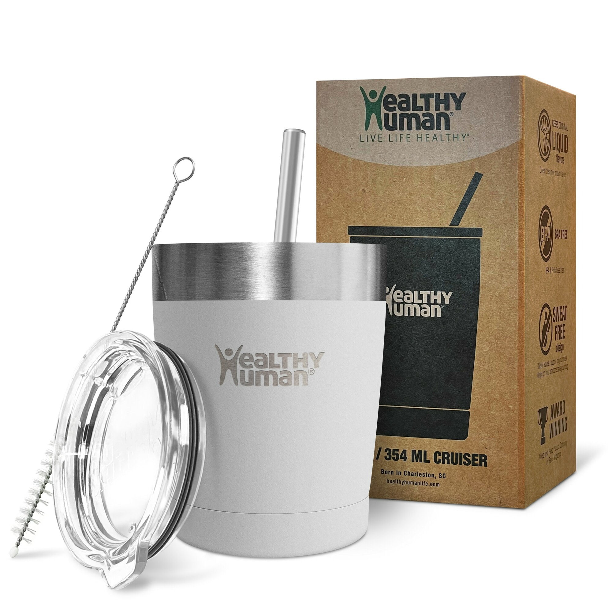 Healthy Human Stainless Steel Tumbler with Straw | Splash Proof Insulated Travel Cruiser Cup | Eco-Friendly Coffee Tumblers with Straws Cleaner & Splash Proof Lid (12oz, Pure White)